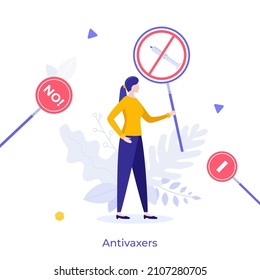 Anti-vaxxer or protester holding sign with crossed syringe. Concept of opposition to vaccines, anti-vaccination or anti-vax movement. Modern flat colorful vector illustration for poster, banner.