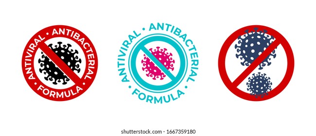 Antiviral antibacterial coronavirus formula vector icons. Coronavirus 2019 nCov, Covid 19 NCP virus stop signs, health protection, hand sanitizer labels