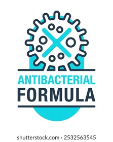 Insignia azul del Vector de la fórmula antibacteriana antiviral, simboliza la protección de la salud. etiqueta de Vertical
