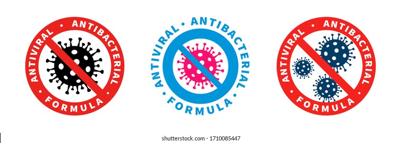 Antiviral And Antibacterial Formula Vector Icons. Coronavirus Covid 19 Virus Stop Signs, Health Protection Or Hand Sanitize Labels