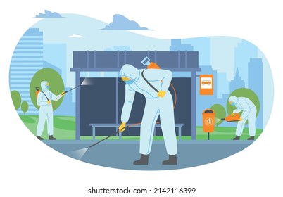 Antiviral disinfection. People in protection treat streets from viral and bacteria hazards. Pathogen cleaning service. Global quarantine. Disinfectors spray chemicals