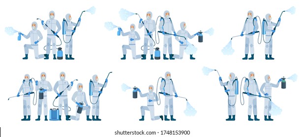 Antiviral disinfection. People wearing protective suits masks use sanitizer spray. Disinfection team, Coronavirus protection vector illustration set. Prevention and safety, biohazard antiviral team