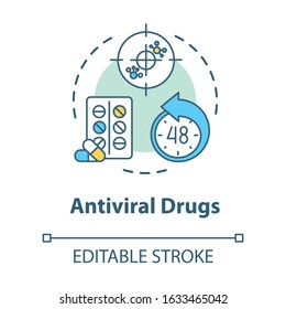 Antiviral drug concept icon. Antibiotic for illness. Tablets for disease. Medication for flu. Influenza idea thin line illustration. Vector isolated outline RGB color drawing. Editable stroke