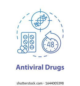 Antiviral drug concept icon. Pharmaceutical treatment. Antibiotic for illness. Tablets for disease. Medication for flu. Influenza idea thin line illustration. Vector isolated outline RGB color drawing