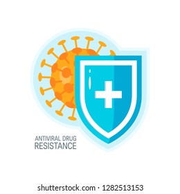 Antiviral Drug Resistance Concept. Bacteria Hiding Behind A Medical Shield.