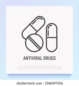 Antiviral Drugs Thin Line Icon: Capsules And Pill. Modern Vector Illustration Of Medical Treatment.