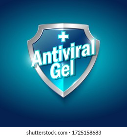 Antiviral Gel Logo. Sanitizer Gel, Antiseptic And Virus Protection Label. Sanitizer For Hands And Body. Blue And Silver Glossy Shield With Letters.