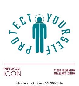 Antiviral Icon Series Protect Yourself Concept Based on WHO Measures for Coronovirus Preventions with Armour or Spacesuit and Logo Lettering - Turquoise on White Background - Vector Graphic Design