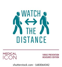 Antiviral Icon Series Watch the Distance Concept Based on WHO Measures for Coronovirus Preventions with Men Arrow and Logo Lettering - Turquoise on White Background - Vector Graphic Design