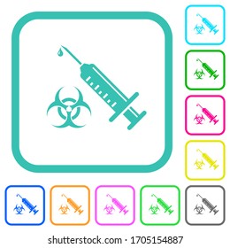 Antivirale Injektion viviviale, farbige, flache Symbole in gekrümmten Rändern auf weißem Hintergrund