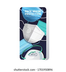 antiviral medical respiratory face masks coronavirus protection covid-19 prevention health care concept smartphone screen mobile app vector illustration