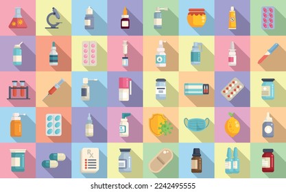 Antiviral medicines icons set flat vector. Covid syringe. Corona drug