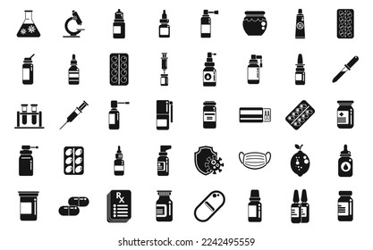 Antiviral medicines icons set simple vector. Covid syringe. Corona drug