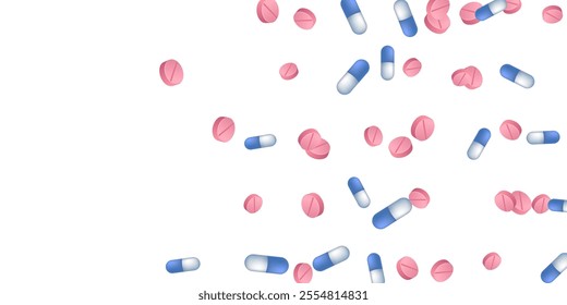 Antiviral pills medical vector illustration. Capsule drugs and tablets illness prescription elements. Blue white and pink pills, emergency treatment or vitamins. Fever cure drugs.