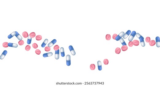 Antiviral pills medical vector illustration. Capsule drugs and tablets illness prescription elements. Blue white and pink  capsules, first aid treatment or vitamins. Fast heartbeat cure drugs.