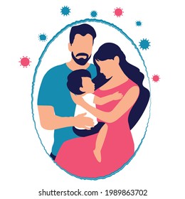 Antiviral protection concept. Immunity from vaccines. Protection against infections. Immunoprophylaxis of pneumonia, seasonal viral diseases, epidemics. Family in an invisible impenetrable bubble