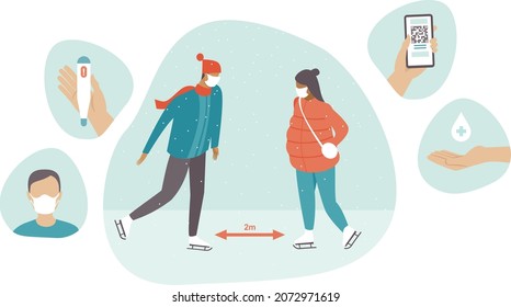 Antiviral safety measures in public places. Outdoor ice rink. Simple Set of Covid-19 Protection. Guidance Protective Measures, Coronavirus Prevention, precaution, Social distancing. Flat vector 