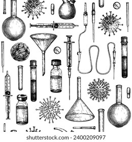 Antiviral therapy and vaccination background. Hand drawn vector illustrations. Vaccine in bottles, laboratory equipment, different virus sketches. Medicine seamless pattern . Covid-19 drawing
