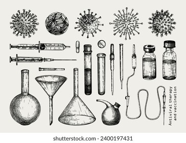 Antiviral therapy and vaccination set. Hand drawn vector illustrations. Vaccine in bottles, laboratory equipment, different virus sketches. Medical design elements. Covid-19 drawing 