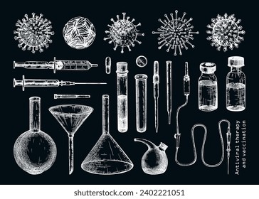 Antiviral therapy and vaccination set. Hand drawn vector illustrations. Vaccine in bottles, laboratory equipment, different virus sketches. Medical design elements. Covid-19 drawing on chalkboard