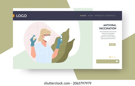 Antiviral vaccination, nurse with syringe protecting organism from harmful viruses and sickness. Protective measures. Website or web landing page template with navigation buttons. Vector in flat style