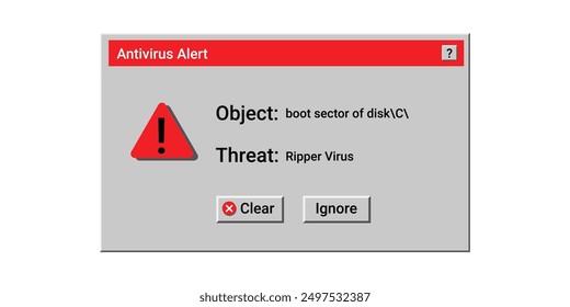 Antivirus alert red notification. Danger malware detected. Red error message on screen.