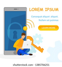 Antivirus App Flat Landing Page Vector Template. Data Protection Social Media Banner. Programmer Using Laptop Cartoon Character. Locked Phone Illustration. Privacy Software Homepage Concept