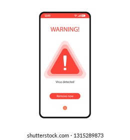 Antivirus app smartphone interface vector template. Mobile security application white page design layout. Virus detected warning message on screen display. Flat UI. Malware phone protection software 