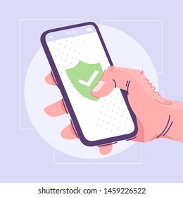 Ilustración vectorial plana de aplicación Antivirus. Firewall móvil, concepto de caricatura de software de protección de la privacidad. Idea de seguridad telefónica. Mano sosteniendo el smartphone. Escudo con marca de verificación en la pantalla del teléfono móvil