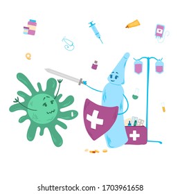Antivirus background vaccine protects against bacteria, vector illustration. Flask with liquid hold sword and shield, resist painful bacillus. Dropper, first aid kit, syringe and pill, flu prevention.