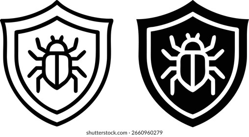 Conjunto de ícones de proteção contra bugs antivírus - Símbolo de segurança preto e branco para proteção, malware e segurança cibernética
