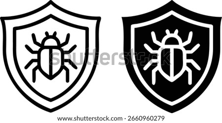 Antivirus Bug Shield Icon Set – Black and White Security Symbol for Protection, Malware, and Cyber Safety