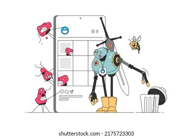 Antivirus character protect personal data vector illustration. Protector with sword, virus character flat style. Security, antivirus program, privacy encryption concept. Isolated on white background