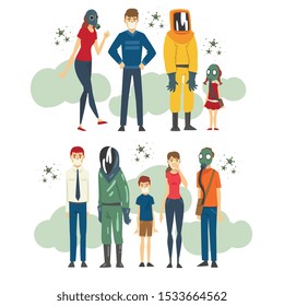 Antivirus characters in different situations cartoon vector illustration