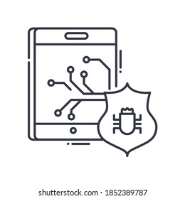 Antivirus concept icon, linear isolated illustration, thin line vector, web design sign, outline concept symbol with editable stroke on white background.