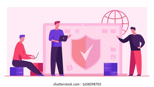 Antivirus And Data Safety. Developers With Laptops Standing Near Monitor With Shield Flat Vector Illustration. Software, Access, Safeguard Concept For Banner, Website Design Or Landing Web Page