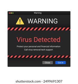 El antivirus detectó virus. Notificación de advertencia moderna en pantalla. Mensaje de la ventana de virus.