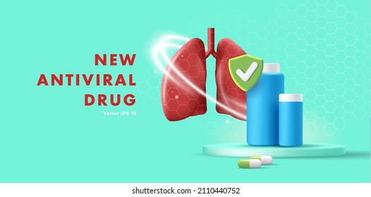 antivirus drug advertising 3d illustration of protected human lungs with pills bottles