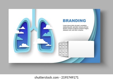 Antivirus drug branding mockup. Medical products for lungs treatment illustration. Pills for respiratory disease cure. Medicine, pharmacy and healthcare concept. Advertisement poster