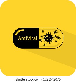Antivirus drug. Medicine tablet. Pill capsule dose. Virus immunization sign. Flat line drawing shadow design. Black vector Yellow Illustration. Product service brand logo. Board label banner. App icon