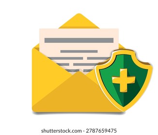 Antivirus email protection icon. Opened envelope, green shield sign. Cyber security concept. Vector on transparent background