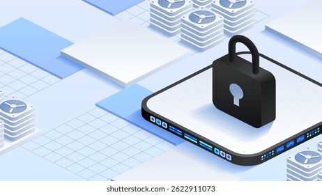 Antivirus encryption and cloud data protection. Padlock surrounded by server stacks and cooling fans. Data analytics screens. Safeguarding data. Isometric vector illustration