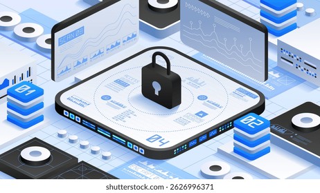 Antivirus encryption and cloud data protection. Padlock security, surrounded by stacks of servers, screens with data graphs. High-tech, secure environment with advanced digital protection mechanisms