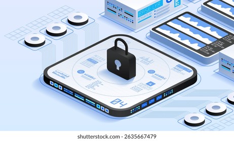Antivirus encryption and cloud data protection. Black padlock, representing security, surrounded by various data visualizations and technological elements. Isometric vector illustration