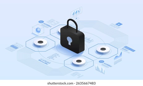 Antivirus encryption and cloud data protection. Padlock symbol security. Digital interfaces display data analytics. High-tech environment for secure data management. Isometric vector illustration