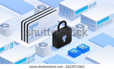 Antivirus encryption and cloud data protection. Padlock symbolizing security, surrounded by servers and cooling fans. Digital interfaces display data analytics. Isometric vector illustration 