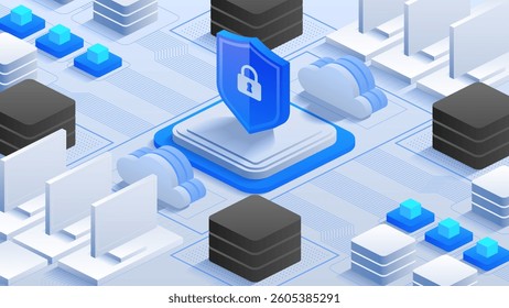 Antivirus Encryption Cloud Protection. Illustration of a shield with lock symbol and cloud icon. Cybersecurity, data safety, and cloud storage. Ideal for IT security concepts and protection measures
