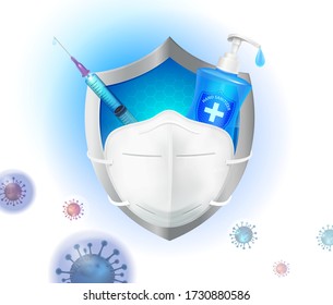 Antivirus Equipment To Protect From The Coronavirus
N95 Mask, Vaccine, Syringe, Protective Shield. Realistic File.