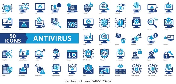 Antivirus icon collection set. Containing malware, security, trojan, spyware, firewall, scan, protection icon. Simple flat vector illustration.