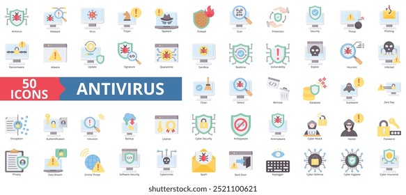 Conjunto de coleta de ícones do antivírus. Contendo malware, segurança, cavalo de Troia, spyware, firewall, varredura, ícone de proteção. Ilustração simples em cores planas.